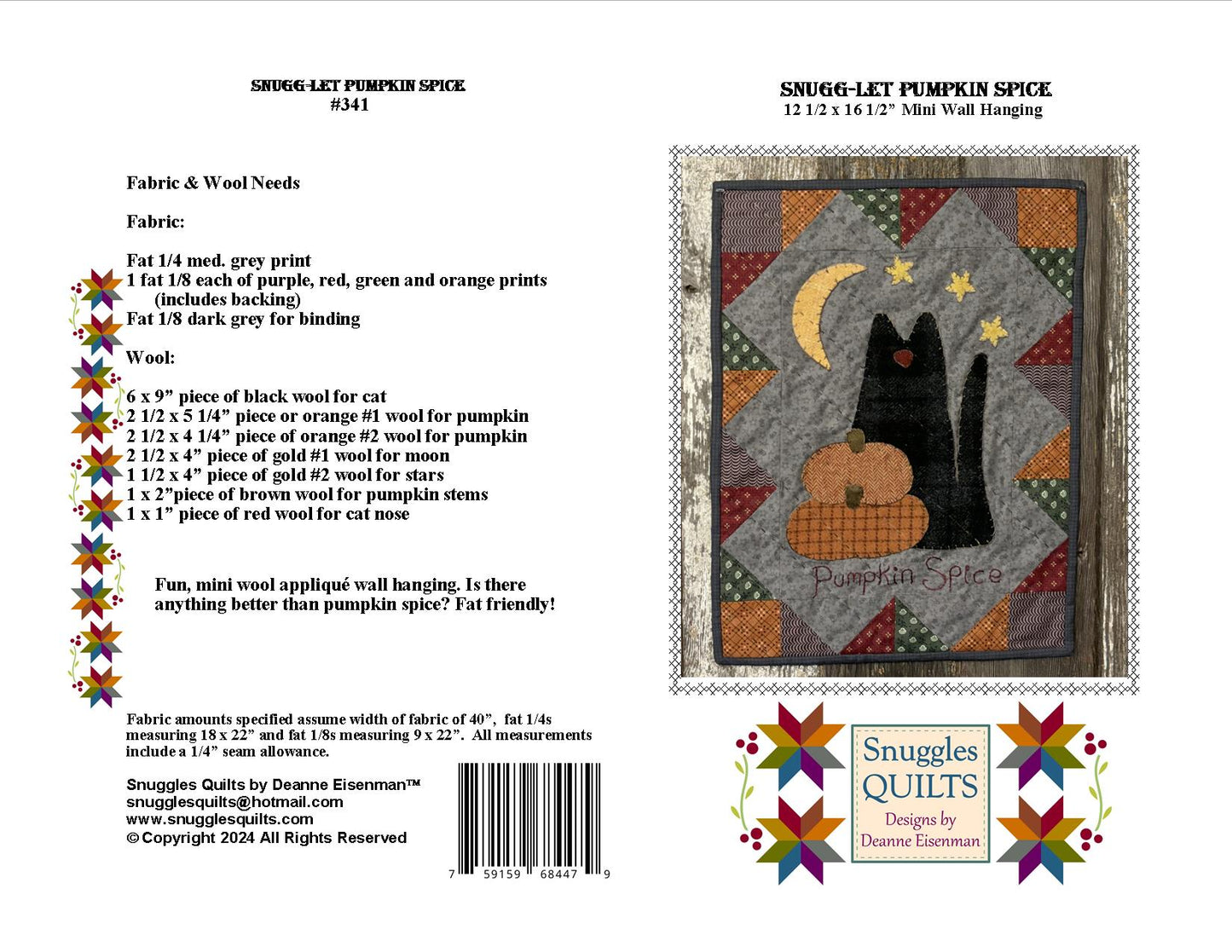 Snugg-let Pumpkin Spice - Mini Wool Applique Pattern