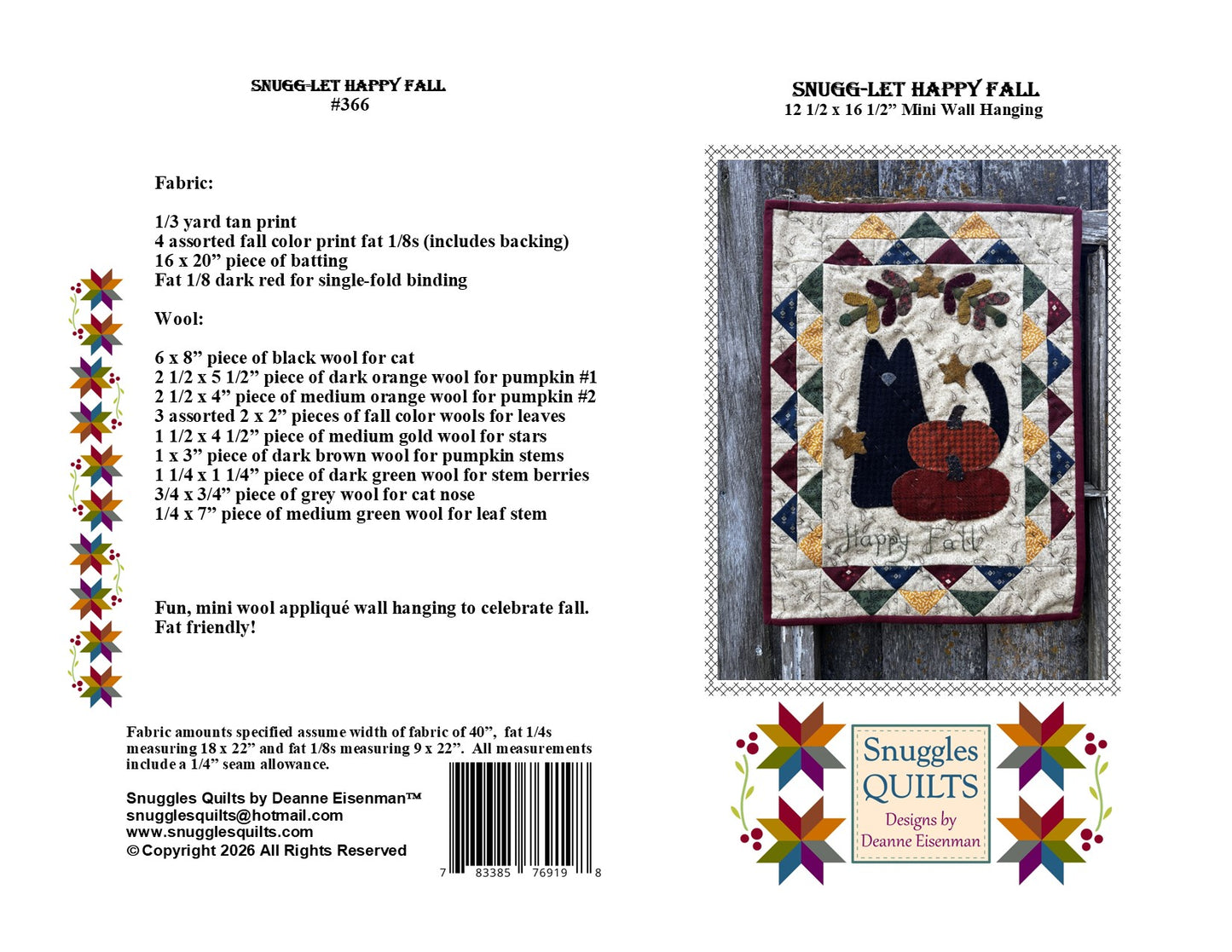 Snugg-let Happy Fall- Mini Wool Applique PDF Pattern