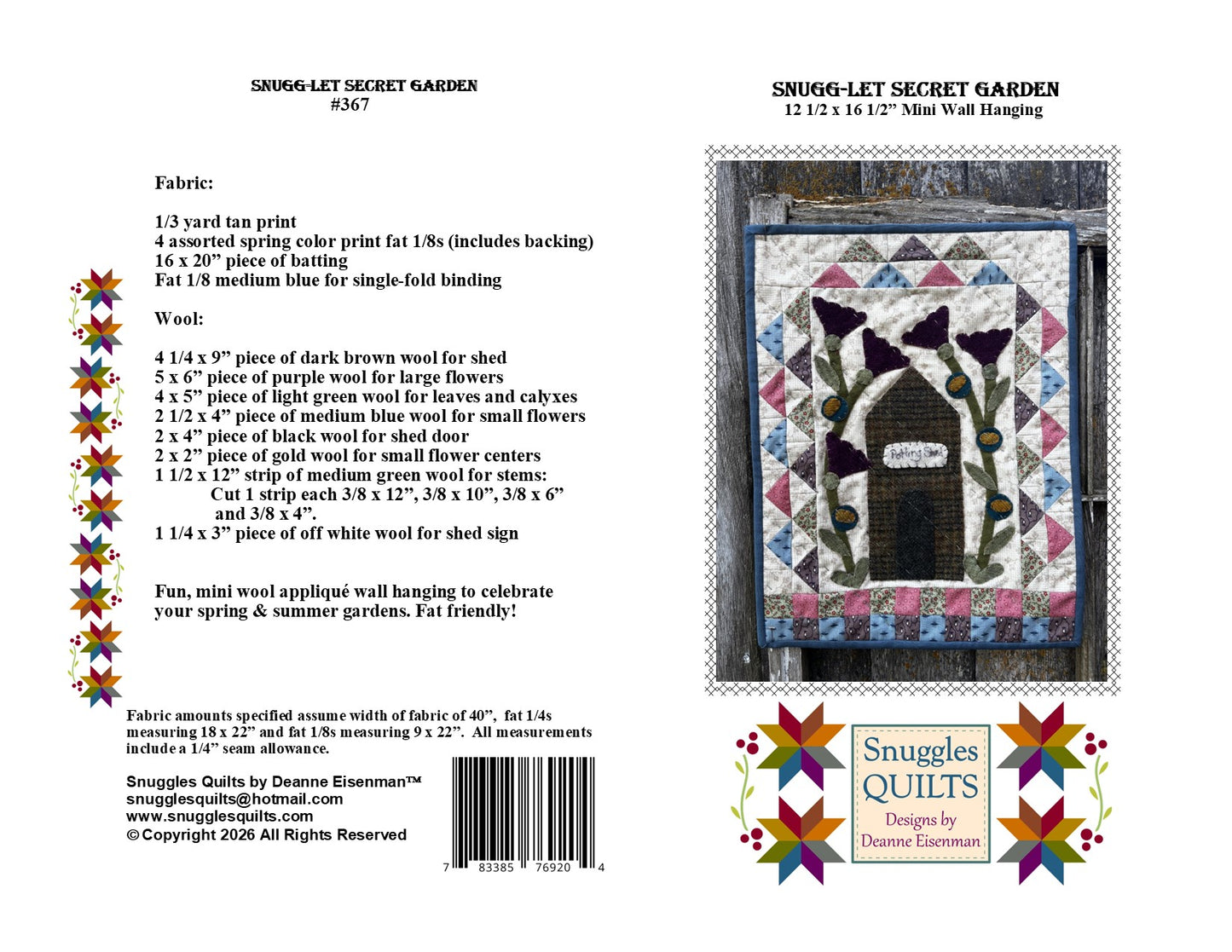 Snugg-let Secret Garden - Mini Wool Applique PDF Pattern