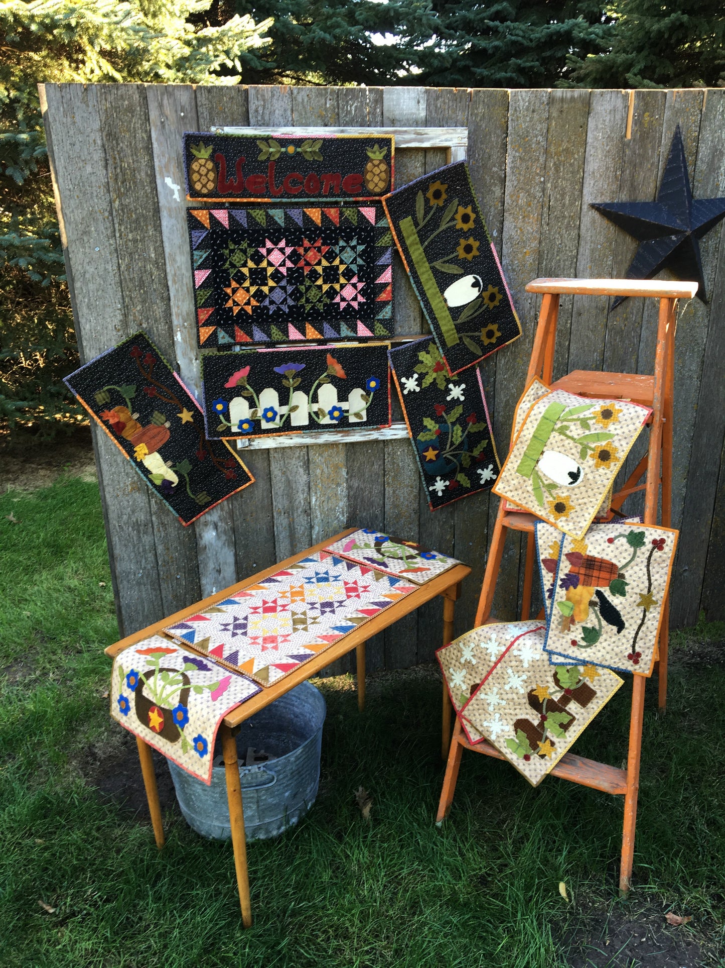 Wool applique on fabric quilt pattern table runner wall hanging