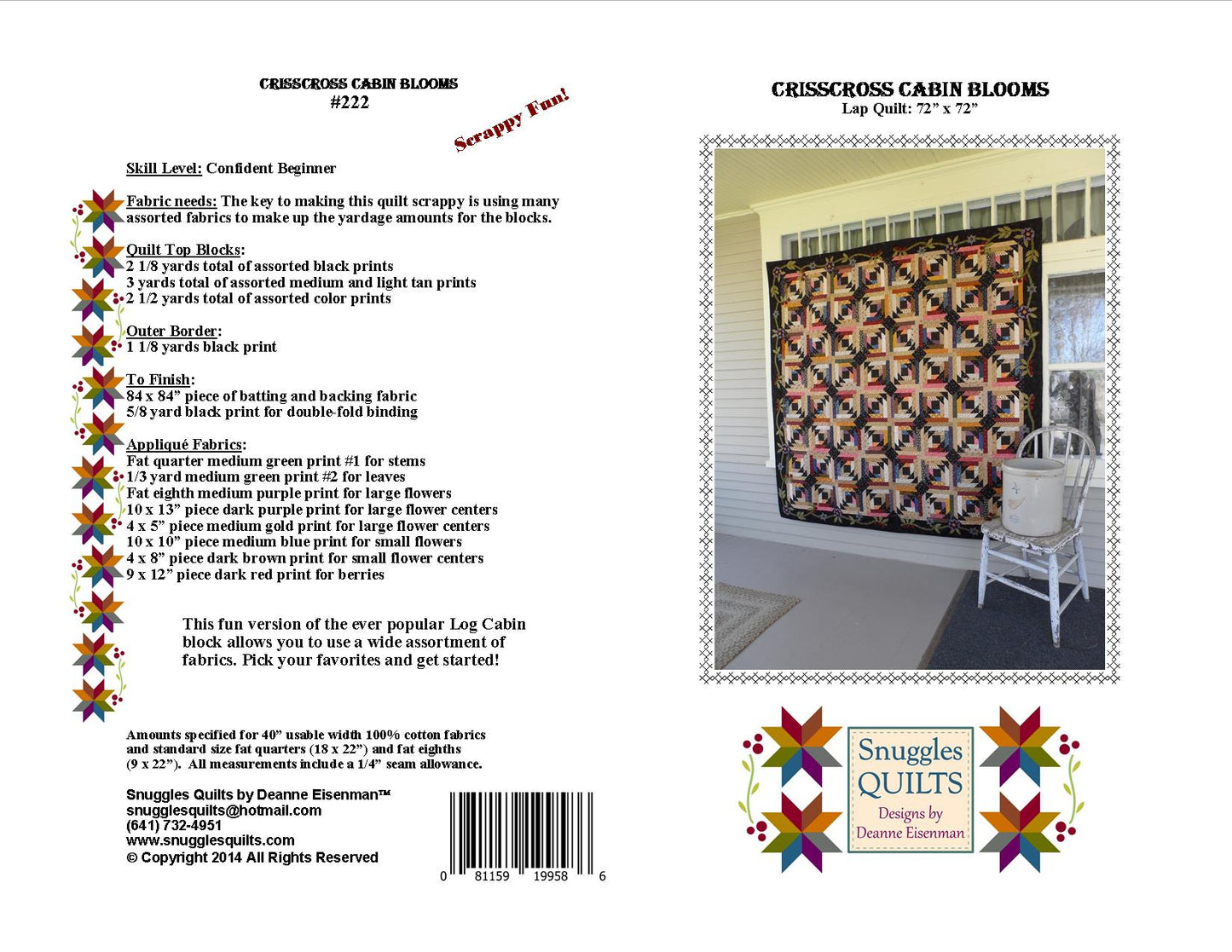 scrappy lap quilt pattern with floral applique accent