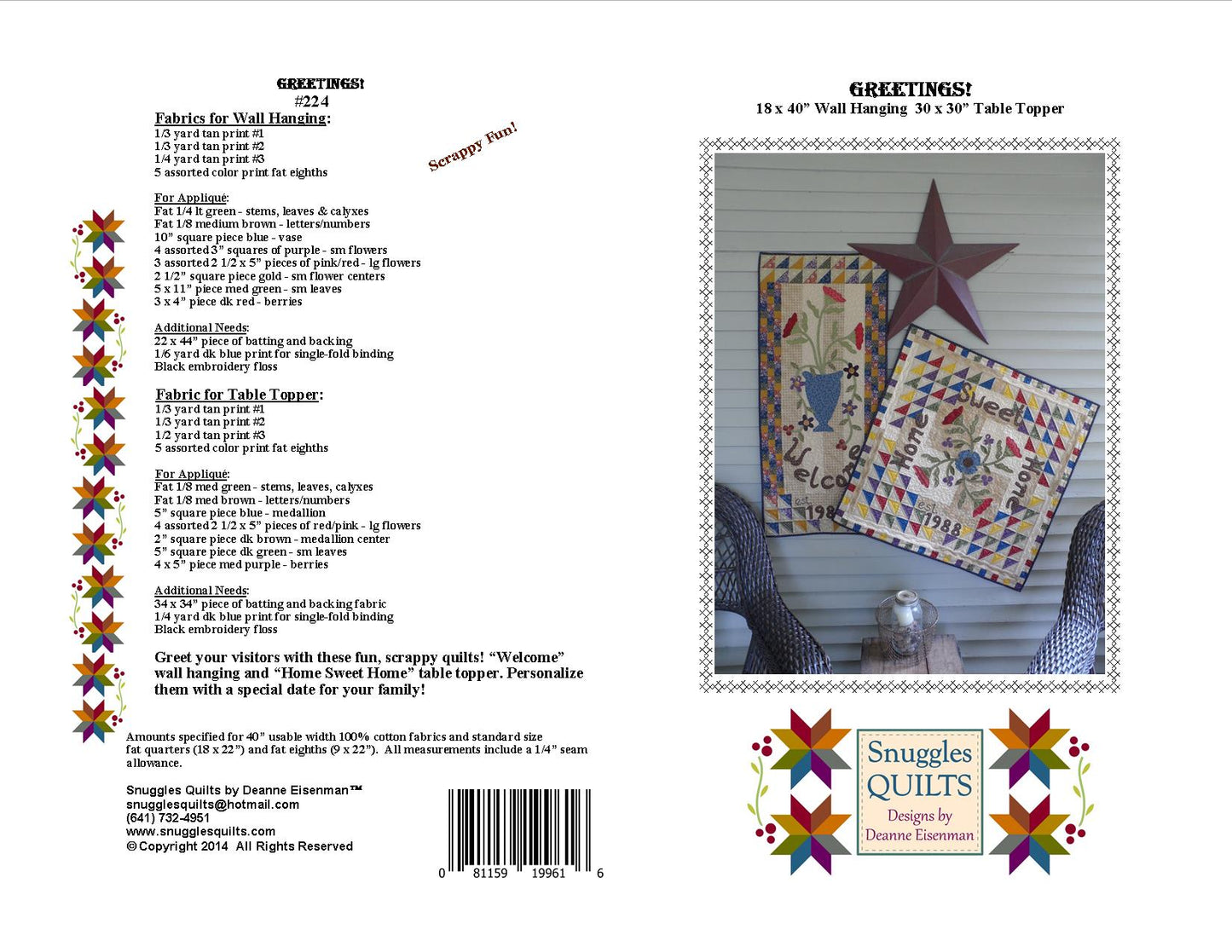 Scrappy applique wall hanging and table topper quilt pattern