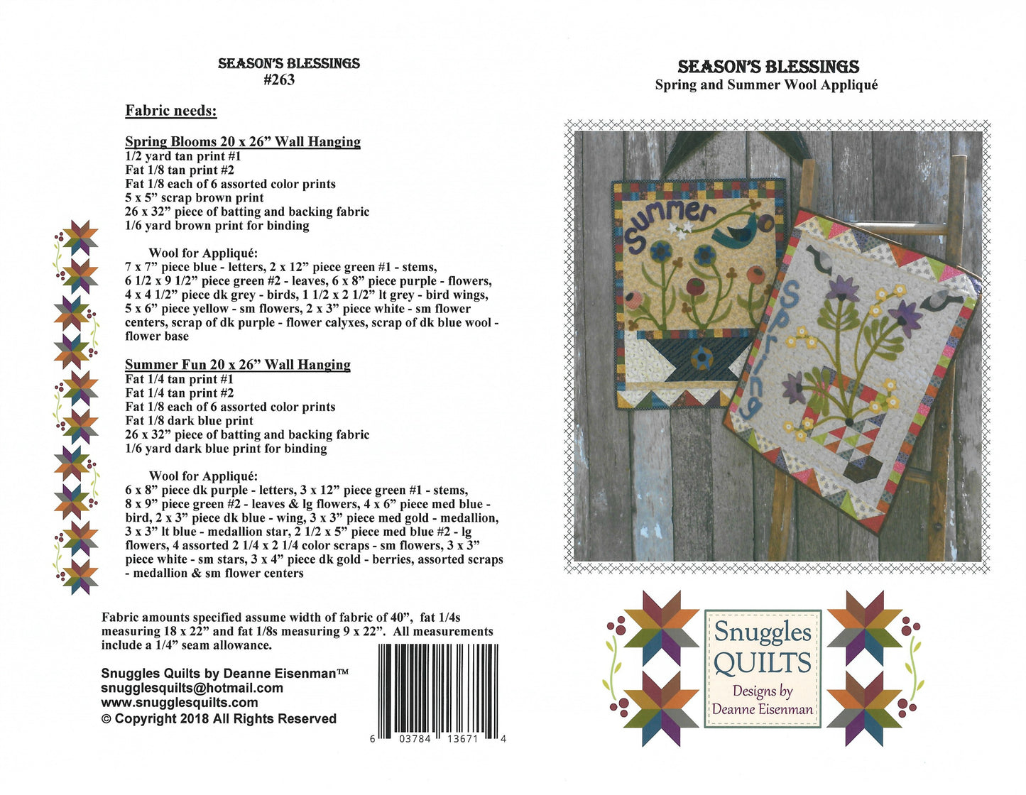 Season's Blessings Wool Applique Quilt Pattern - PDF
