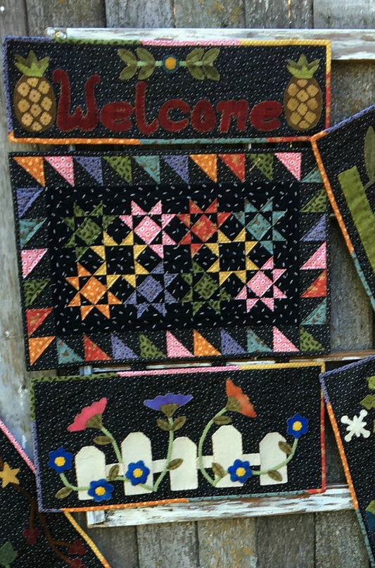 Wool applique on fabric quilt pattern table runner wall hanging