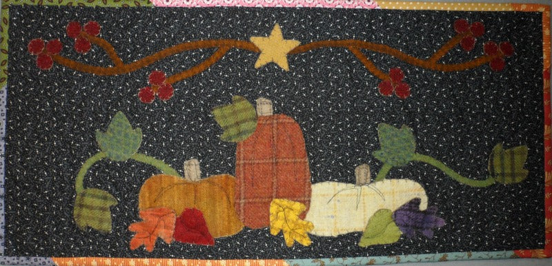 Wool applique on fabric quilt pattern table runner wall hanging