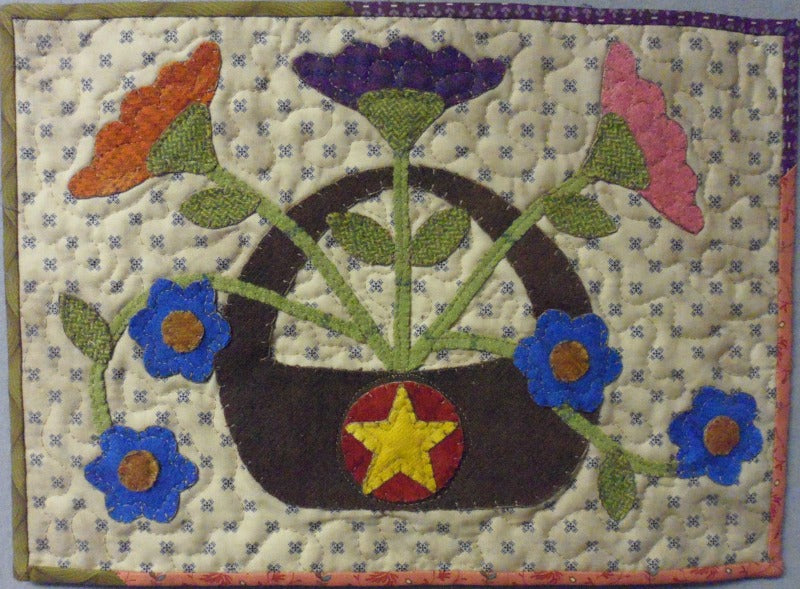 Wool applique on fabric quilt pattern table runner wall hanging