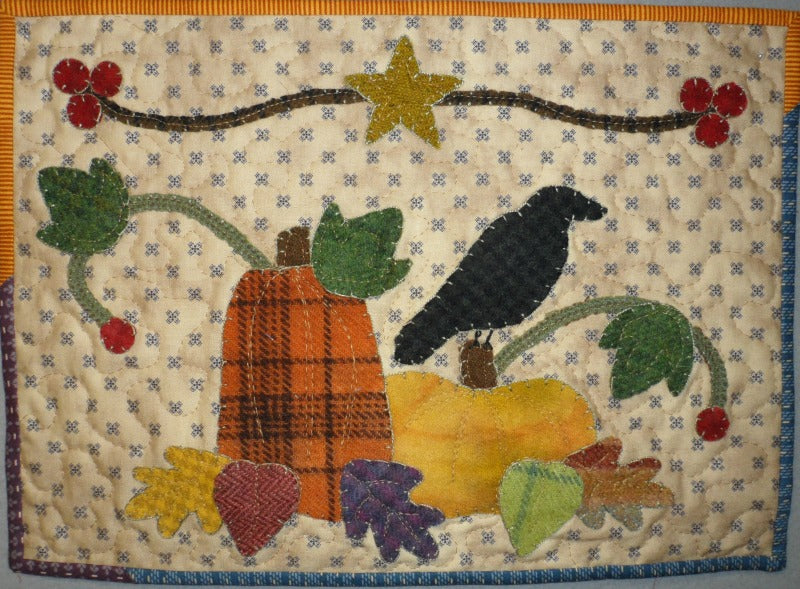 Wool applique on fabric quilt pattern table runner wall hanging