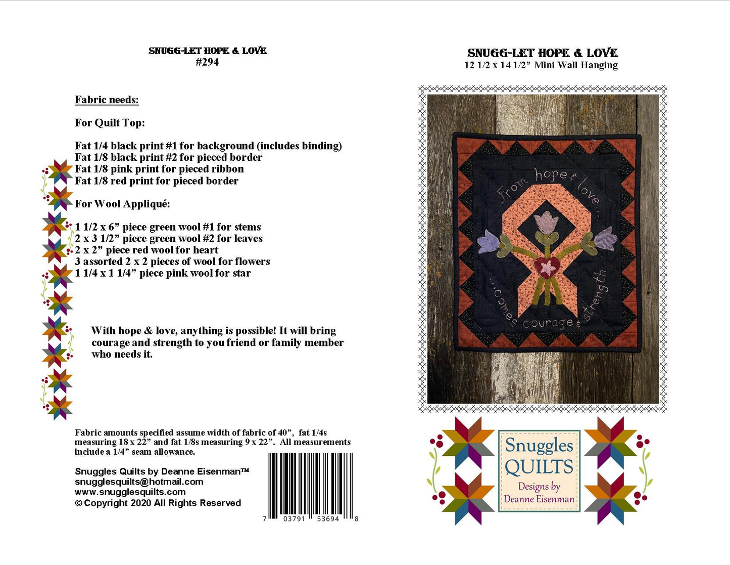 Snugg-let Hope & Love - Mini Wool Applique Pattern