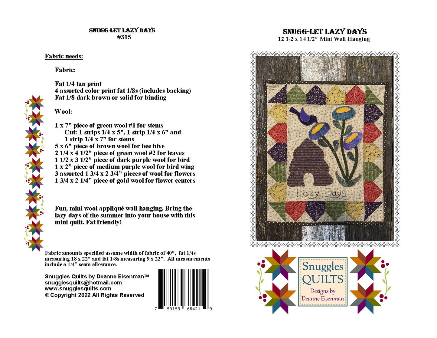 Snugg-let Lazy Days - Mini Wool Applique Pattern