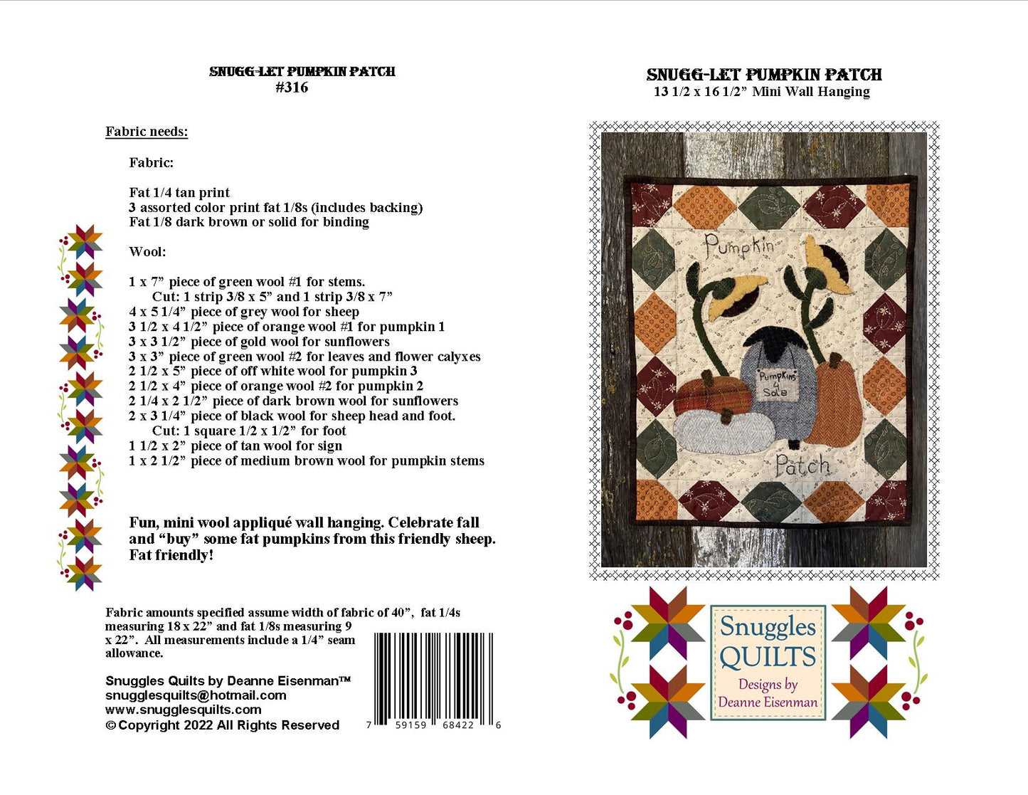 Snugg-let Pumpkin Patch - Mini Wool Applique Pattern PDF