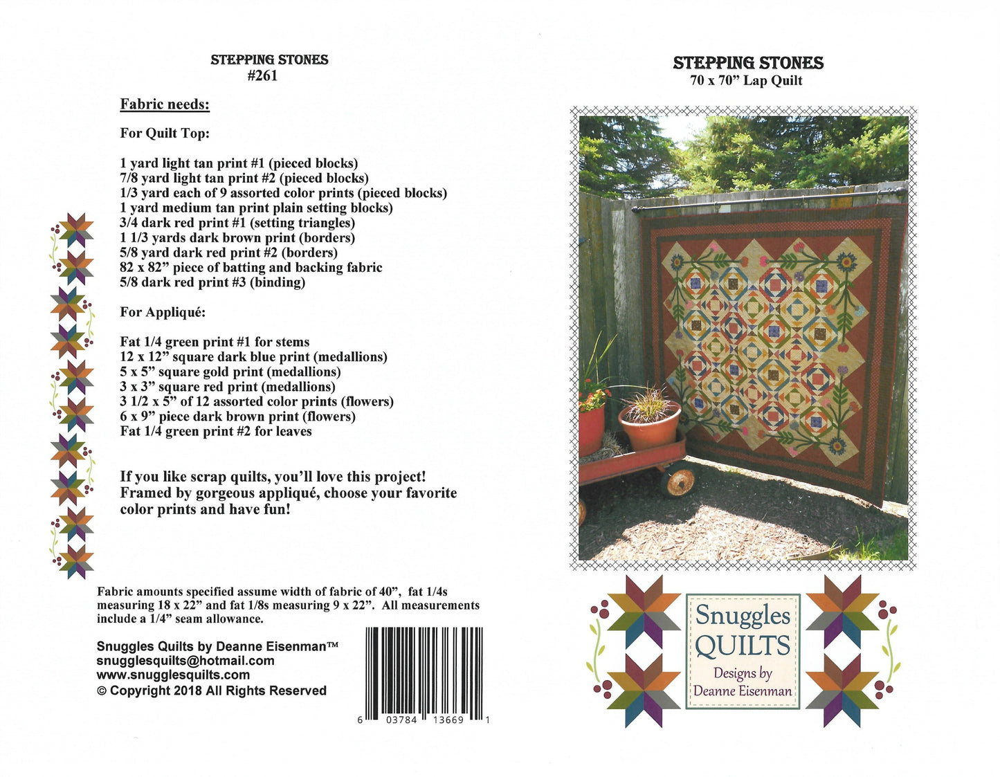 Scrappy lap quilt pattern with applique designed by Deanne Eisenman for Snuggles Quilts