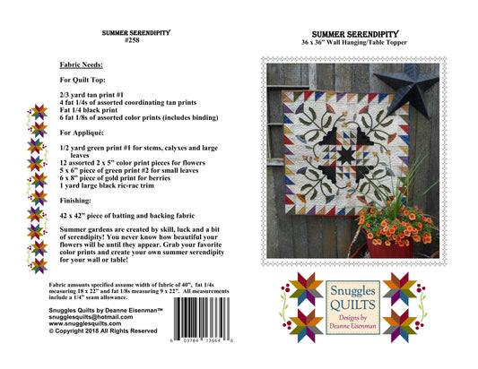 Scrappy quilt pattern for wall hanging or table topper with floral fabric applique