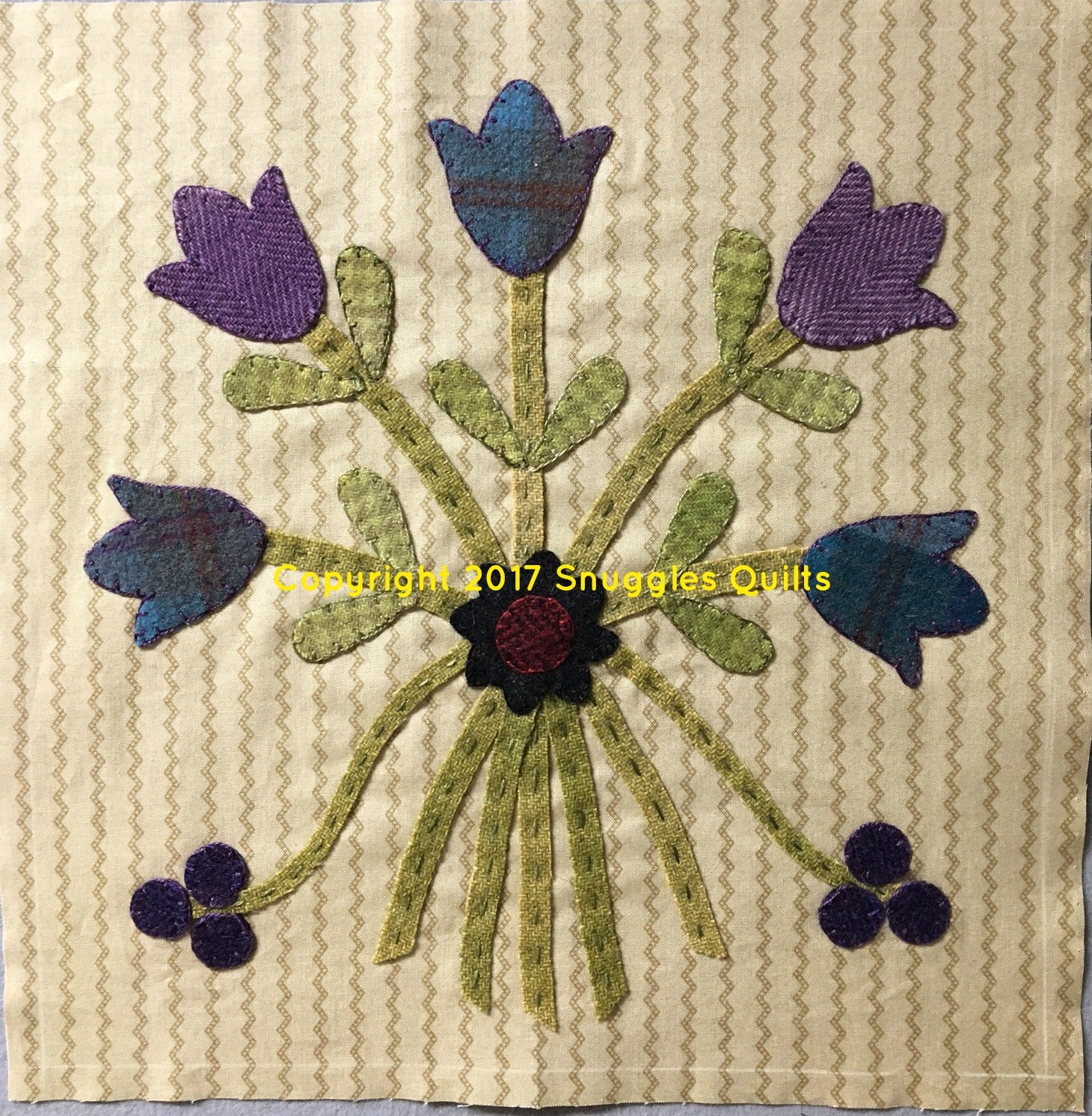 wool applique block for 2017 block of the month by Snuggles Quilts
