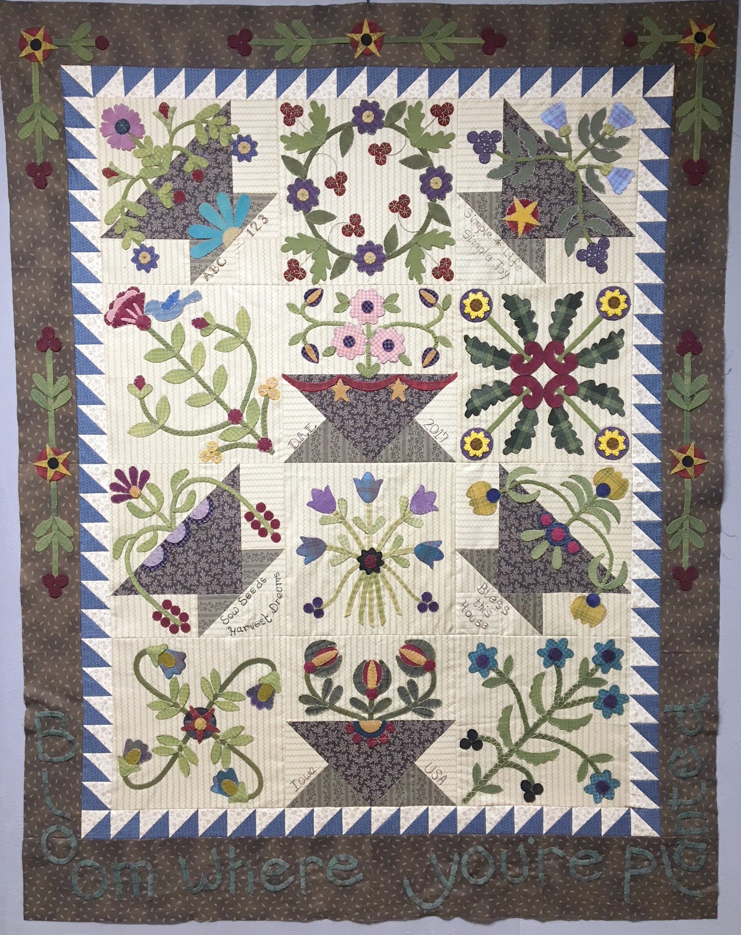 Snuggles Quilts Block of the month for 2017 wool applique blocks and embroidery
