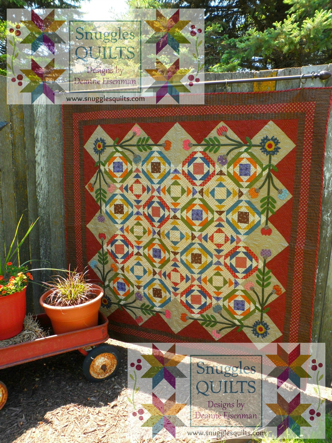 Scrappy lap quilt pattern with applique designed by Deanne Eisenman for Snuggles Quilts