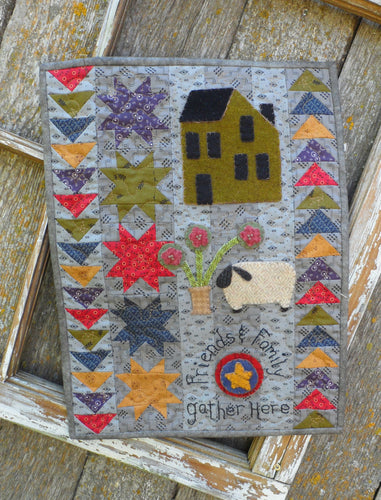 Wool applique on fabric mini wall hanging