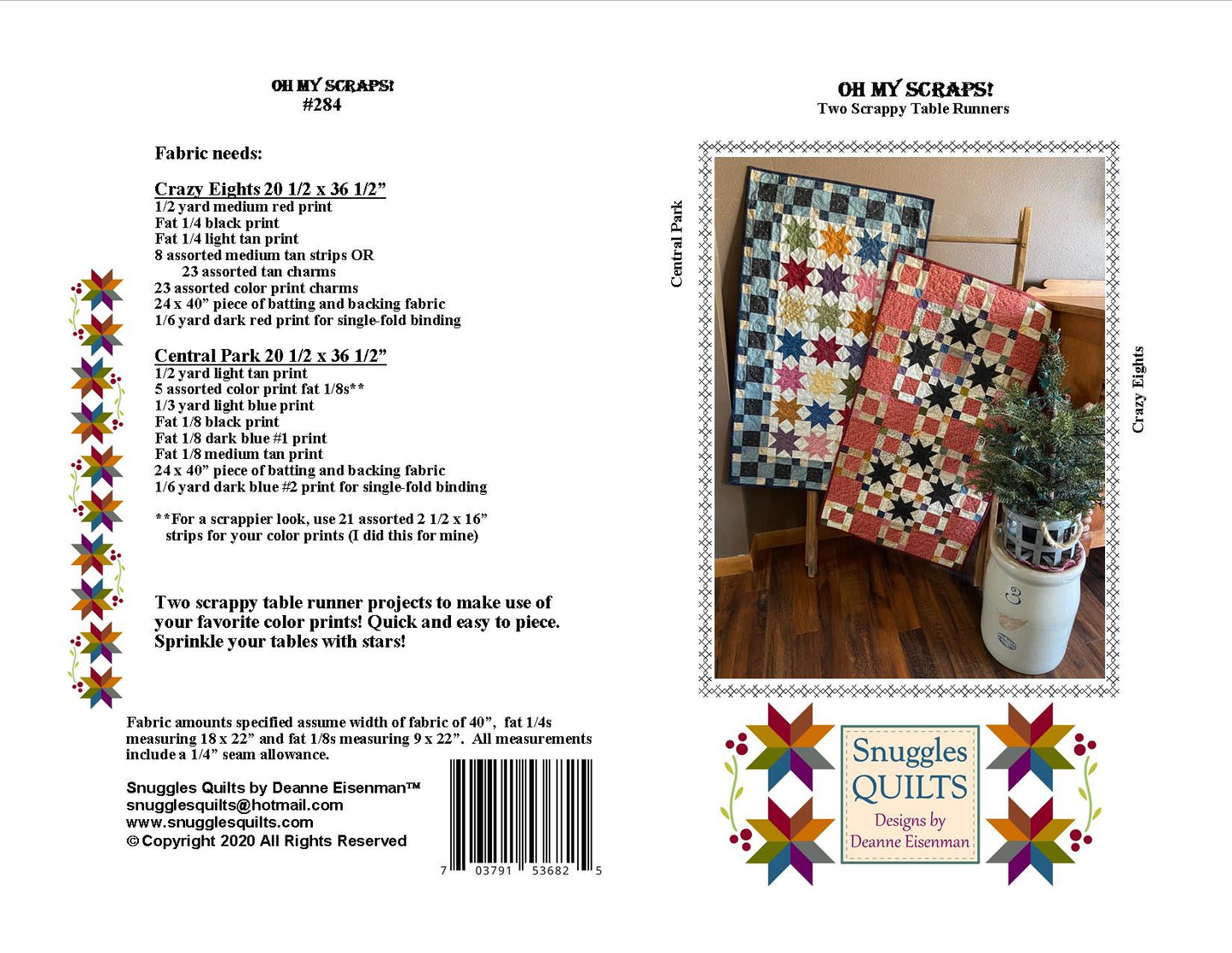 Scrappy table runner quilt patterns designed by Deanne Eisenman for Snuggles Quilts