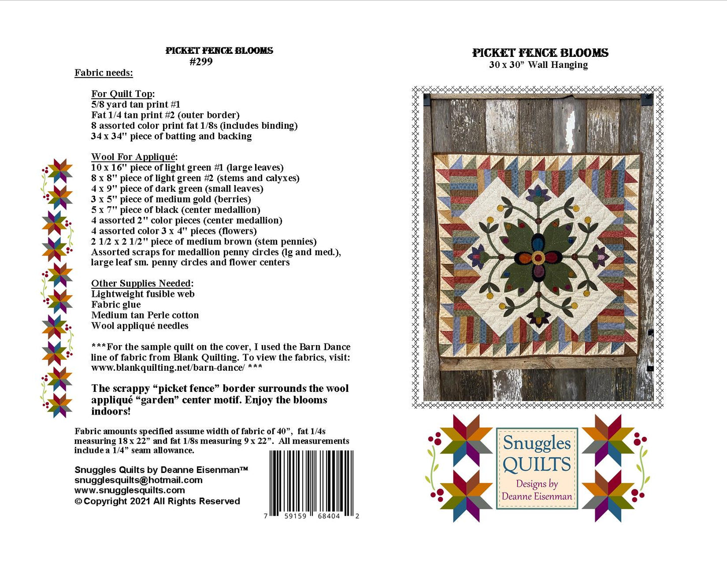 Picket Fence Blooms Wool Applique Quilt Pattern - PDF