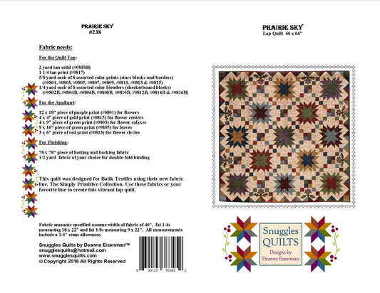 Prairie Sky Lap Quilt Pattern This beautiful lap quilt is designed using the new Simply Primitive collection from Batik Textiles. Yes, I said batiks!  These fabrics are designed to blend beautifully with primitive and 1800’s reproductions.  Quilt size: 66 x 66″.  
