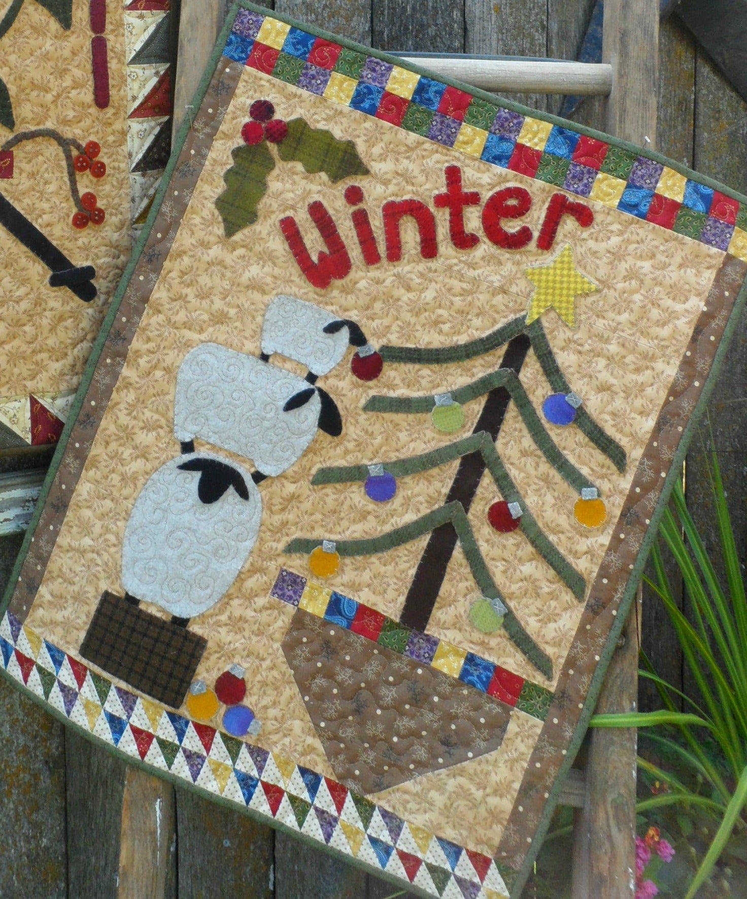 Wool applique on fabric seasonal wall hanging - Winter