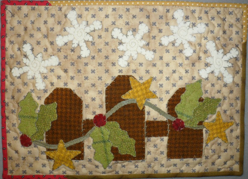 Wool applique on fabric quilt pattern table runner wall hanging