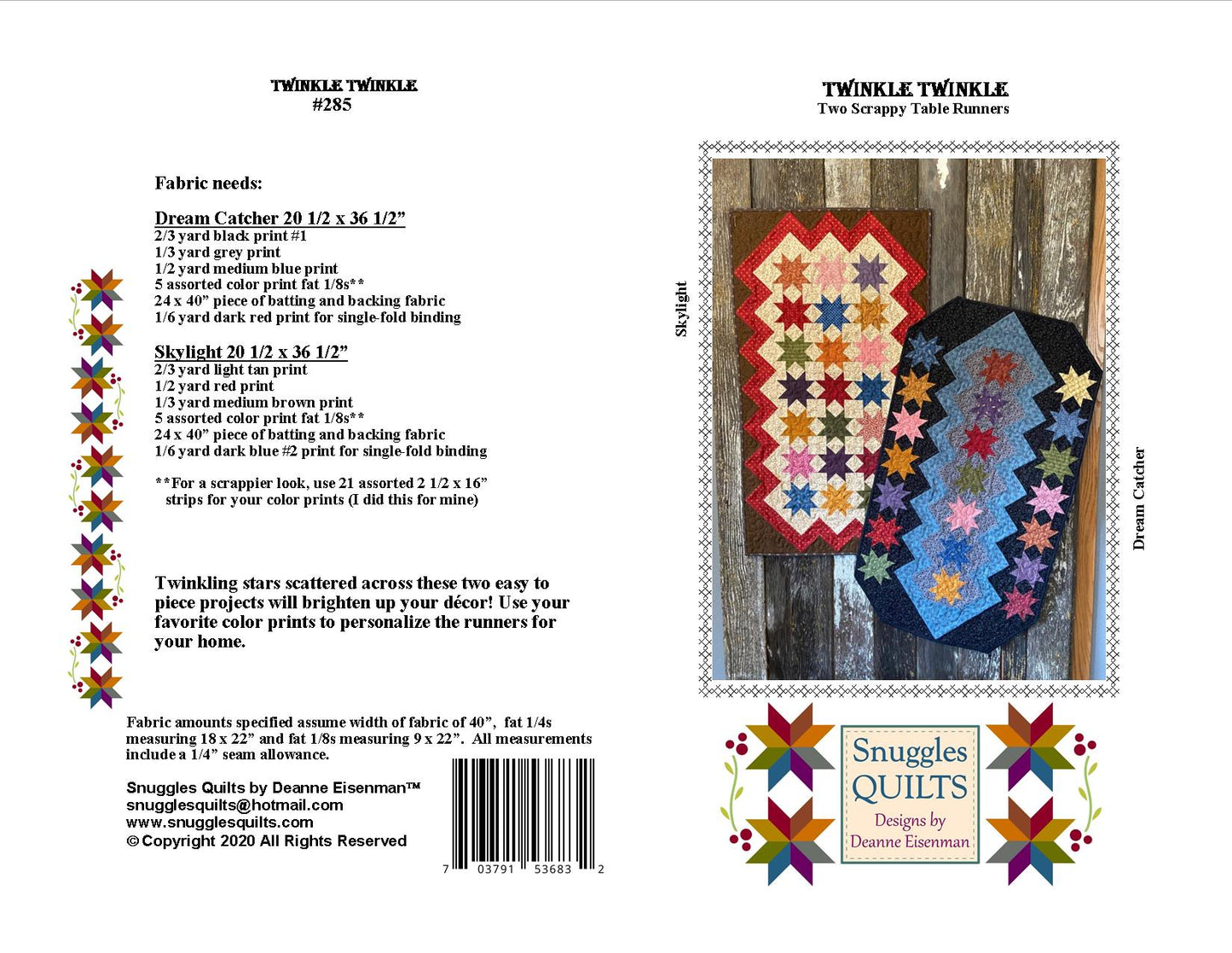 Scrappy table runner quilt pattern designed by Deanne Eisenman for Snuggles Quilts